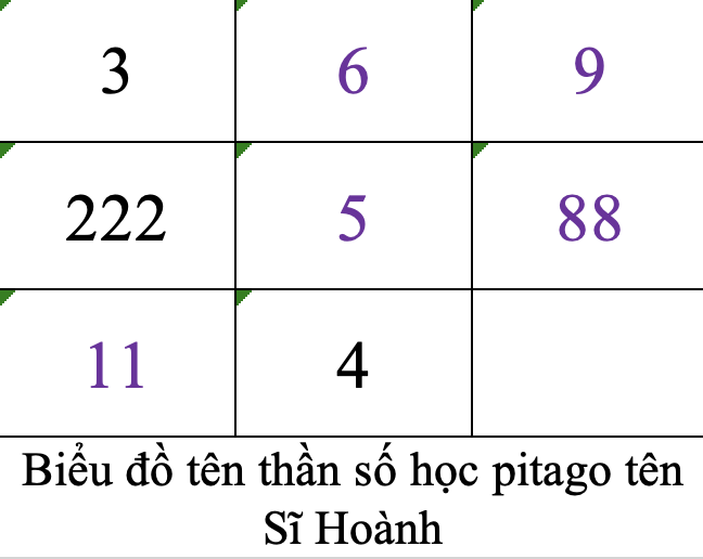 Biểu đồ tên thần số học pitago tên Sĩ Hoành