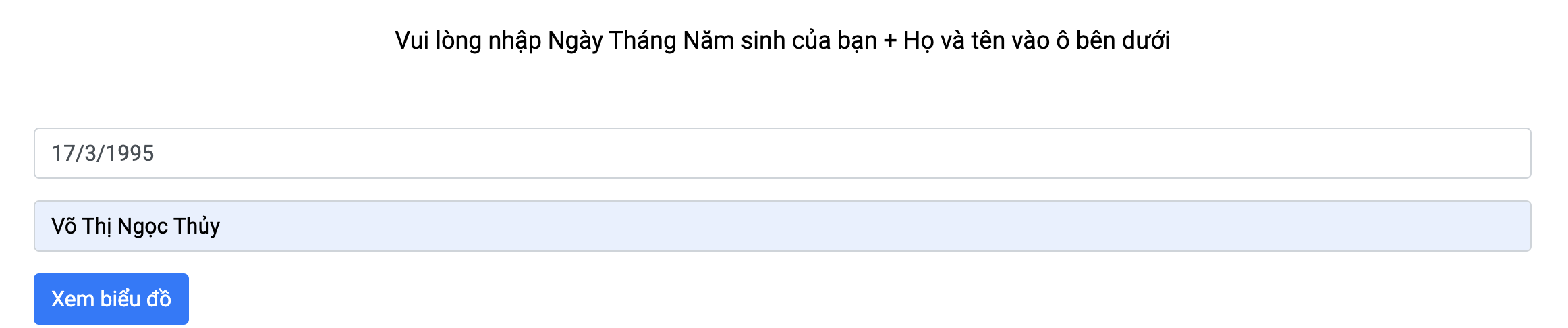 Nhập ngày sinh và họ tên vào biểu đồ ngày sinh thần số học pitago